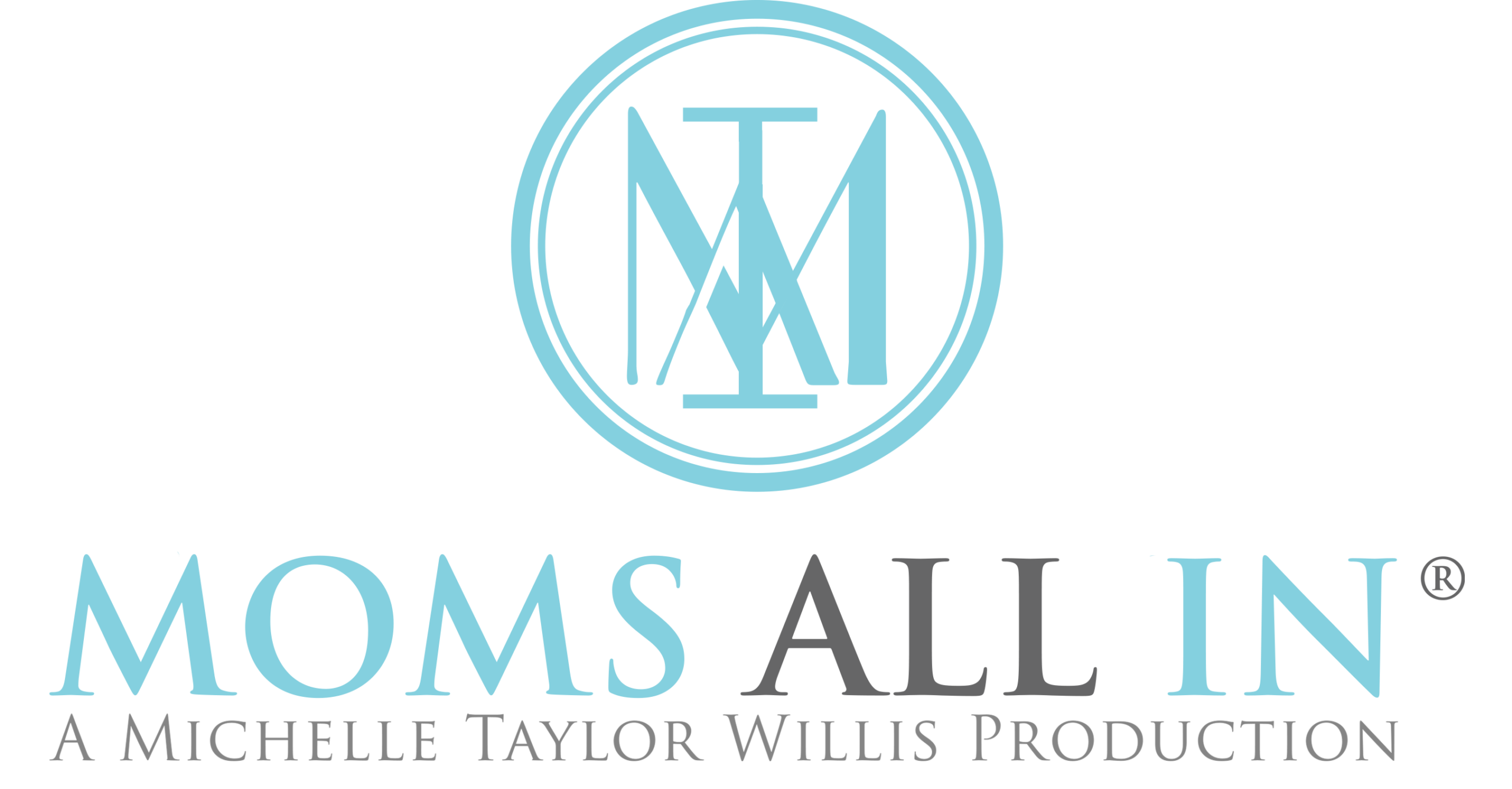 A blue and black logo for the company moms all in.